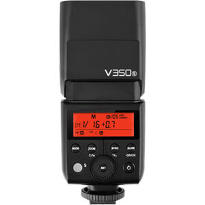 Flash Godox V350F para cámaras Fujifilm con batería de litio, HSS y cabezal giratorio.